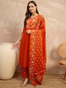 CHETI - Orange Printed Pure Cotton Kurta with Pant and Dupatta