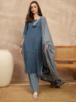 CHETI - Blue Floral Pure Cotton Kurta with Pant and Dupatta