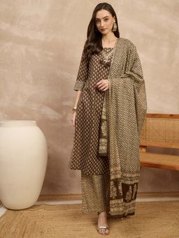CHETI - Brown Floral Pure Cotton Kurta with Pant and Dupatta