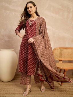 CHETI - Maroon Floral Pure Cotton Kurta with Pant and Dupatta