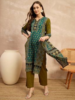 CHETI - Green Floral Pure Cotton Kurta with Pant and Dupatta