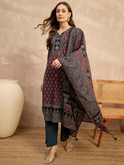 CHETI - Wine Floral Pure Cotton Kurta with Pant and Dupatta