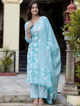 GEKHA - Blue Floral Cotton Kurta with Pant and Dupatta