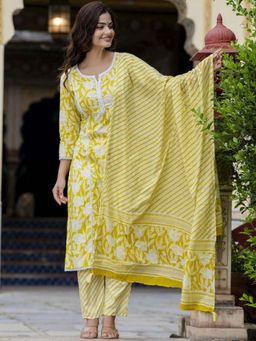 GEKHA - Yellow Floral Cotton Kurta with Pant and Dupatta
