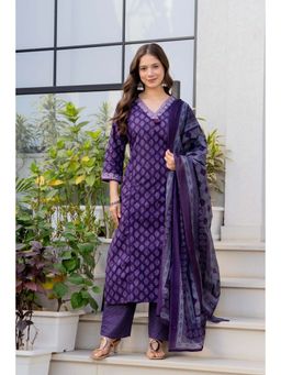 GEKHA - Purple Printed Cotton Kurta with Pant and Dupatta