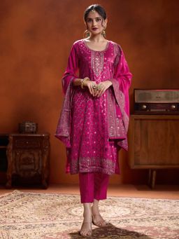 Women Plus - Pink Embroidered Viscose Kurta with Pant and Dupatta