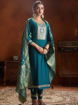 Women Plus - Blue Embroidered Silk Kurta with Pant and Dupatta