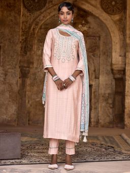 Women Plus - Peach Embroidered Pure Cotton Kurta with Pant and Dupatta