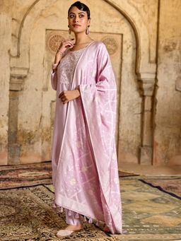 Women Plus - Lavender Embroidered Silk Kurta with Pant and Dupatta