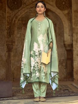Women Plus - Green Printed Cotton Linen Kurta with Pant and Dupatta