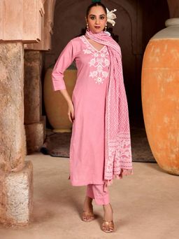 Women Plus - Pink Floral Pure Cotton Kurta with Pant and Dupatta