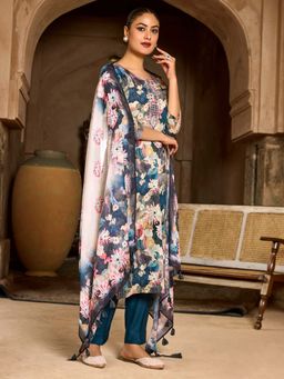Women Plus - Blue Floral Pure Cotton Kurta with Pant and Dupatta