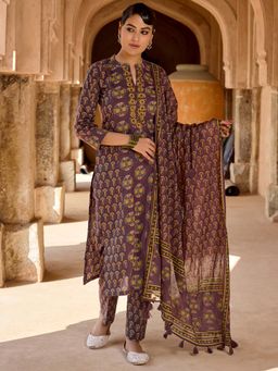 Women Plus - Purple Floral Pure Cotton Kurta with Pant and Dupatta