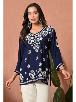 SYRISH - Navy Blue Embroidered Rayon Kurti