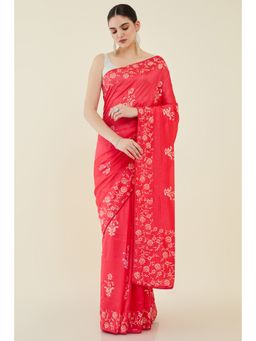 Soch - Women Coral Silk Printed Saree with Unstitched Blouse