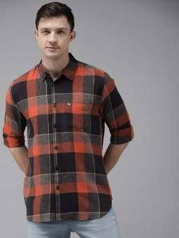The Bear House - Men Orange Checked Pure Cotton Flannel Casual Shirt