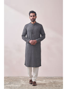 Manyavar - Grey Blended Viscose Embroidery Kurta Pencil Pyjama Set (Set of 2)