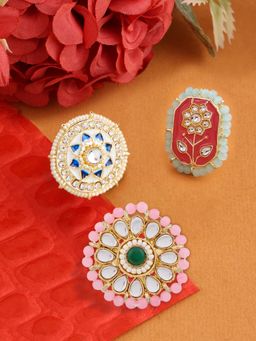 Zaveri Pearls - Set of 3 Multicolor Meenakari Floral Ethnic Kundan Rings-ZPFK14512