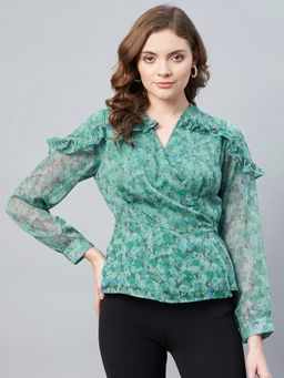 RARE - Women Casual Green Colour V-Neck Floral Wrap Top