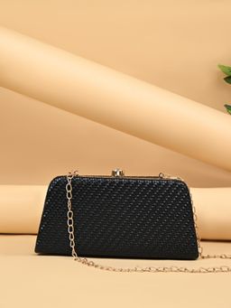 ROCIA - By Regal Black Women Woven Metal Frame Clutch With Detachable Strap
