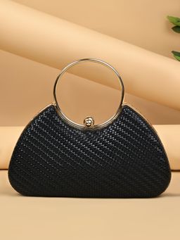 ROCIA - By Regal Black Women Stylish Handle Woven Metallic Clutch