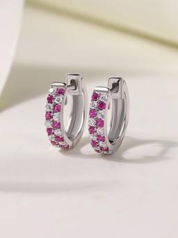 Ornate Jewels - 925 Sterling Silver Round Pink Double Row Hoop Earrings for Women & Girls