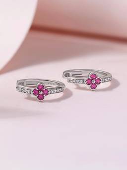 Ornate Jewels - 925 Hallmark Rhodium Plated Pink Four-Leaf Clover Hoop Earrings for Women & Girls