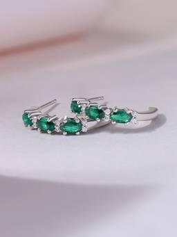 Ornate Jewels - 925 Silver Rhodium Plated Oval Green Emerald Cut C-Hoop Earrings for Women & Girls