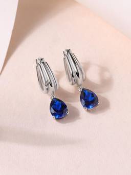 Ornate Jewels - 925 Silver Rhodium Plated Pear Blue Sapphire Teardrop Earrings for Women & Girls