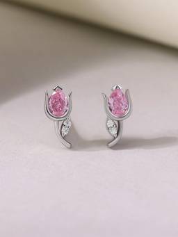 Ornate Jewels - 925 Hallmark Rhodium Plated Pear Pink Cz Tulip Flower Stud Earrings for Women & Girls