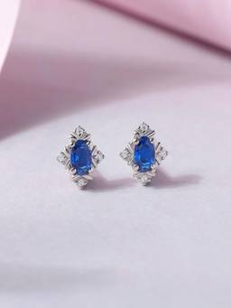 Ornate Jewels - 925 Silver Rhodium Plated Oval Blue Sapphire Vintage Stud Earrings for Women & Girls