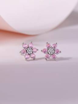 Ornate Jewels - 925 Hallmark Rhodium Plated Pink Cz Crystal Flower Stud Earrings for Women & Girls