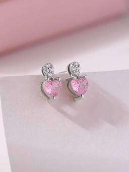 Ornate Jewels - 925 Hallmark Rhodium Plated Pink Cz Crystal Heart Drop Stud Earrings for Women & Girls