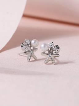 Ornate Jewels - 925 Silver Rhodium Plated Freshwater Pearl Starfish Stud Earrings for Women & Girls