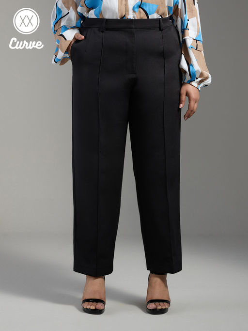 Twenty Dresses by Nykaa Fashion Curve Black Solid Pin Tuck Tapered Work Trousers