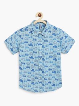 Campana - Boys Yuki Short Sleeve Cotton Shirt Fire Truck Print Sky Blue