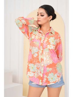KAFTANIZE - Orange Multi Floral Printed Rhinestone Cotton Cambric Shirt