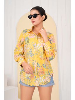 KAFTANIZE - Yellow Multi Leaf Printed Rhinestone Cotton Cambric Shirt