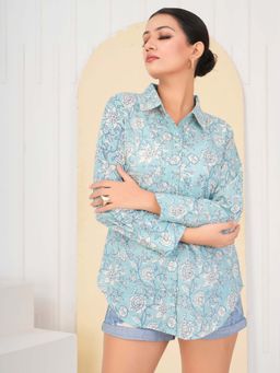 KAFTANIZE - Aqua Color Floral Printed Rhinestone Cotton Cambric Shirt