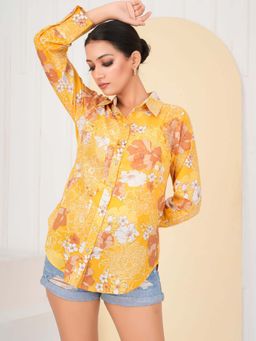 KAFTANIZE - Mustard Color Floral Printed Rhinestone Cotton Cambric Shirt