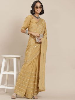 Odette - Cream Elegant Mirror Work Saree with Unstitched Blouse