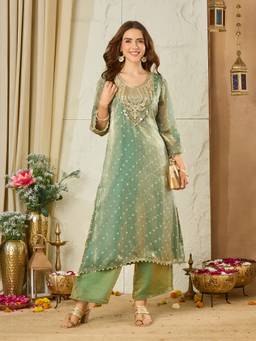 MOKOSH - Women’S Silk Bandhani Print Embroidered Green Kurta with Palazzo