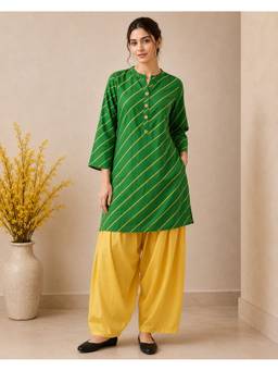 Jaipur Kurti - Leheriya Printed Straight Pure Cotton Green Kurta with Farshi Salwar