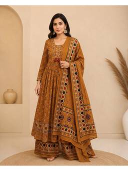 Jaipur Kurti - Floral Printed A-Line Pure Cotton Mustard Kurta with Palazzo and Dupatta