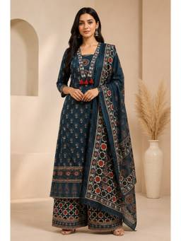 Jaipur Kurti - Floral Printed A-Line Pure Cotton Blue Kurta with Palazzo and Dupatta