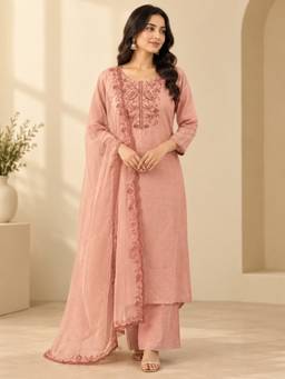 Jaipur Kurti - Embroidered Straight Linen Pink Kurta with Pant and Dupatta