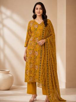 Jaipur Kurti - Floral Printed Straight Pure Cotton Mustard Kurta with Pant and Dupatta