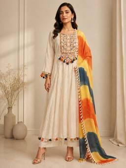 Jaipur Kurti - Embroidered A-Line Pure Cotton Off White Kurta with Palazzo and Dupatta