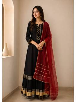 Jaipur Kurti - Embroidered A-Line Black Kurta with Skirt and Dupatta