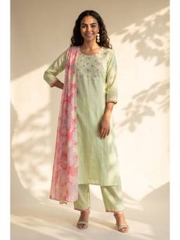 Aurelia - Women's Green Thread Embroidered Pure Cotton Straight Kurta with Pant and Dupatta
